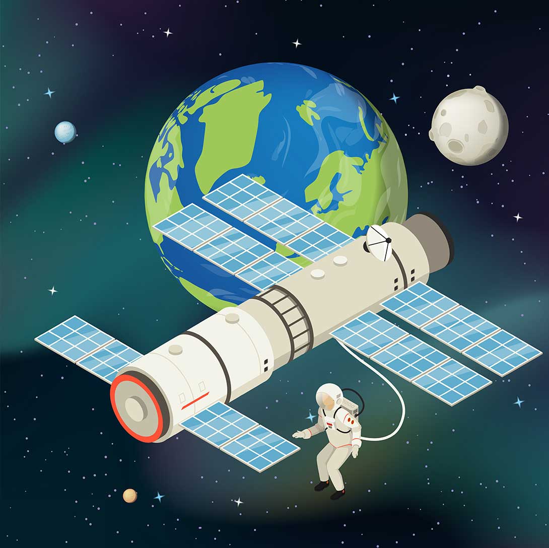 Im Hintergrund sieht man die Erde, im Vordergrund ein Teleskop und einen Astronauten, der um das Teleskop schwebt © freepik - macrovector