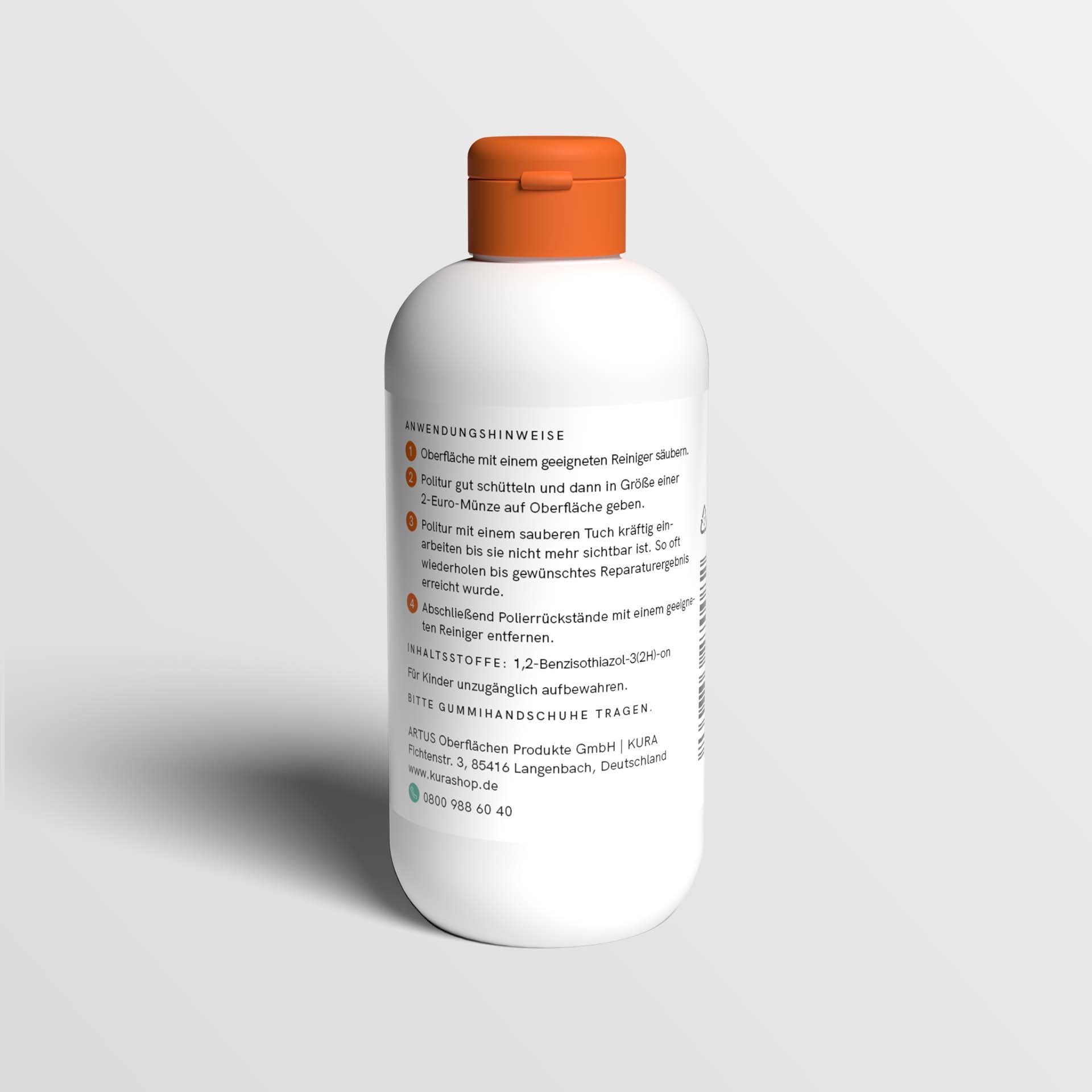 Unsere weiße Flasche mit orangenem Deckel für die Politur Glas fasst 200 Milliliter