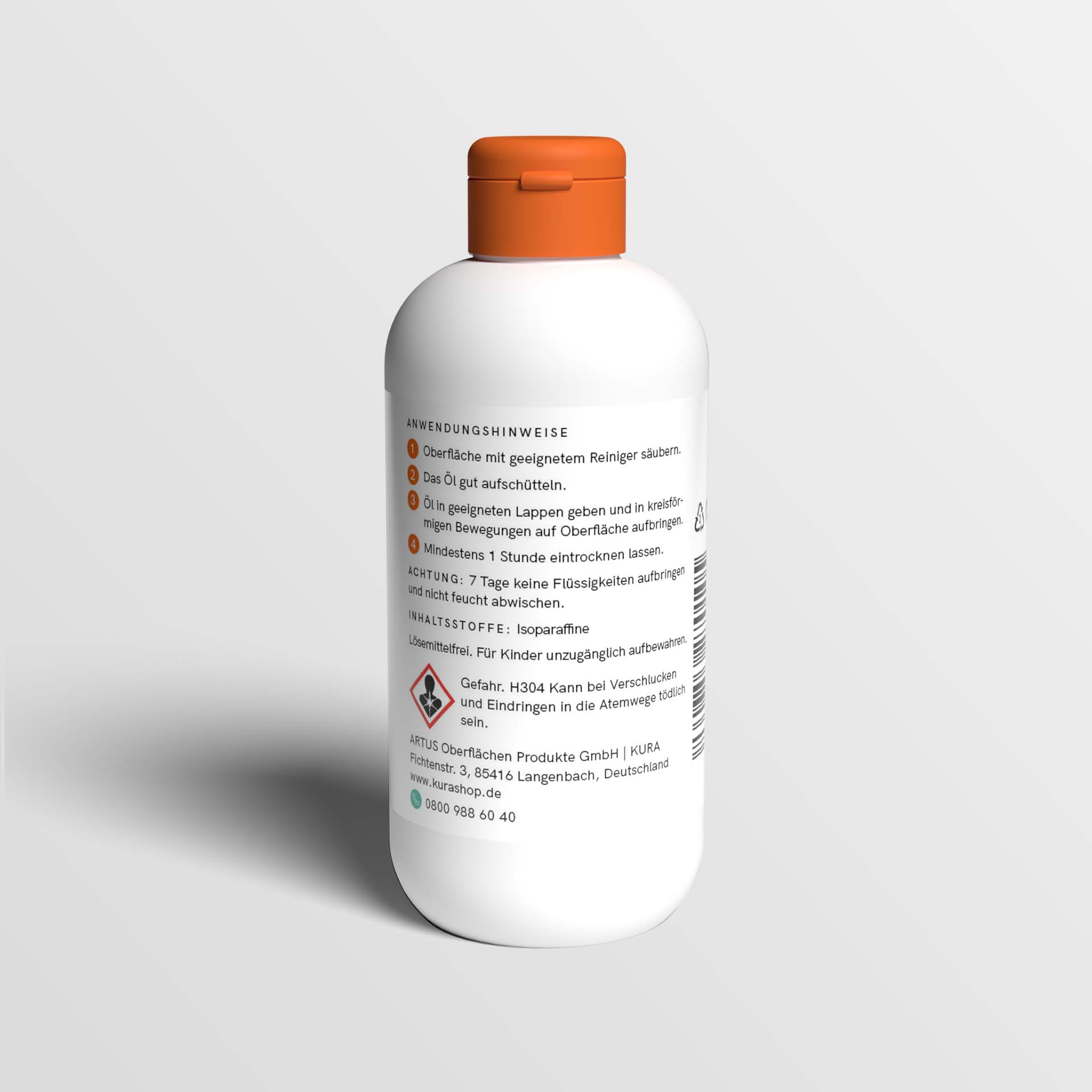 Weiße Flasche mit Etikett und orangefarbenem Verschluss: Versiegelung für Holzmöbel